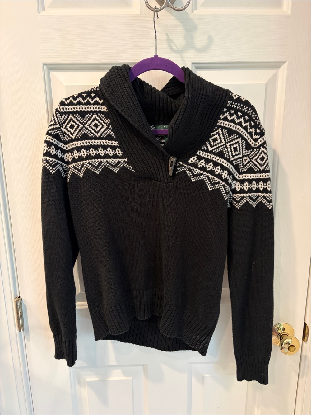 Lauren Ralph Lauren Black and White Fair Isle Shawl Collar Sweater